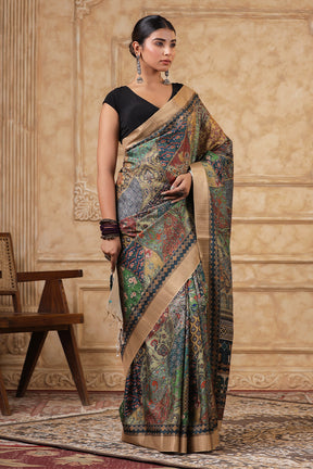 Green & Beige Color Printed Cotton Saree