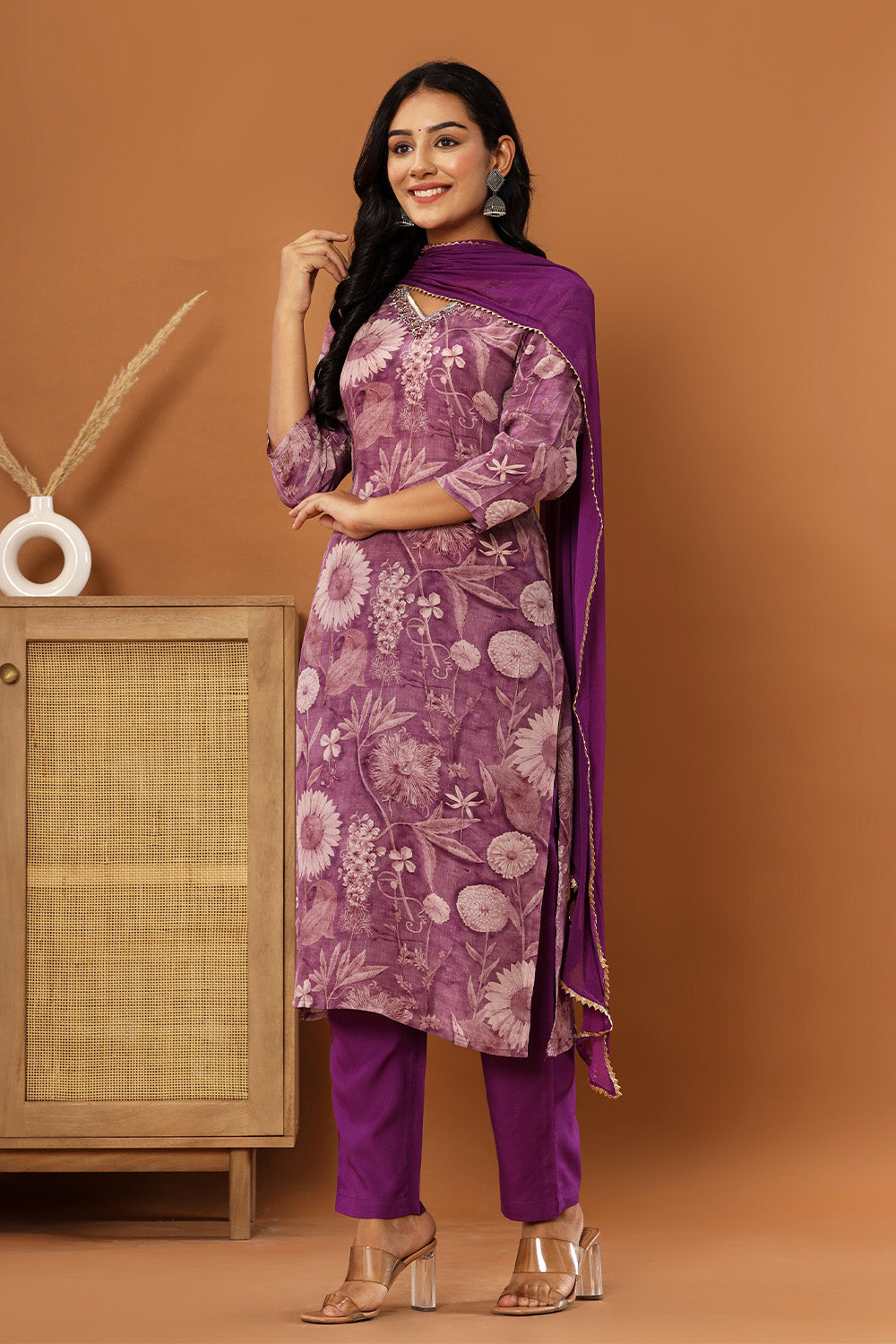 Purple Color Crepe Printed Straight Suit