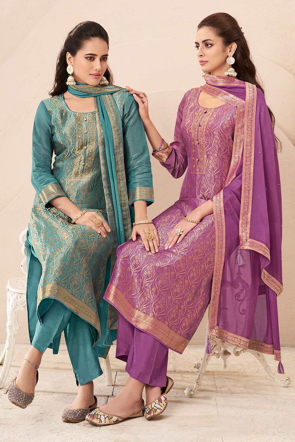 Light Plum Color Tissue Silk Zari Woven Unstitched Suit Fabric