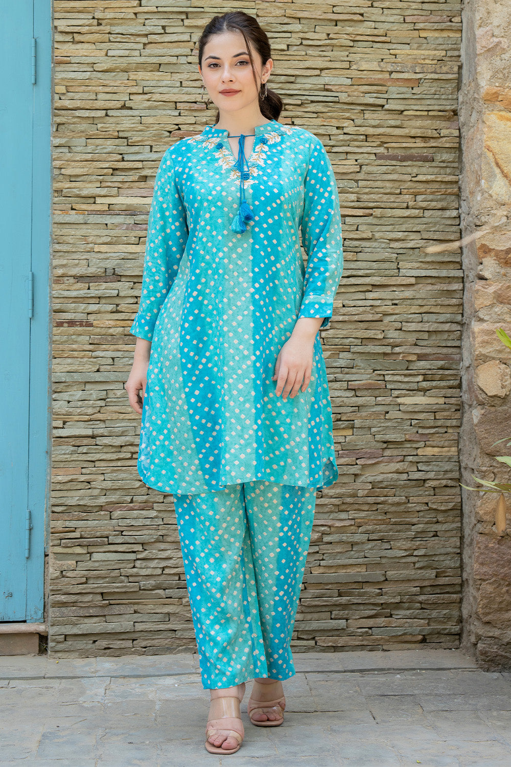 Turquoise  Color Printed Rayon Suit