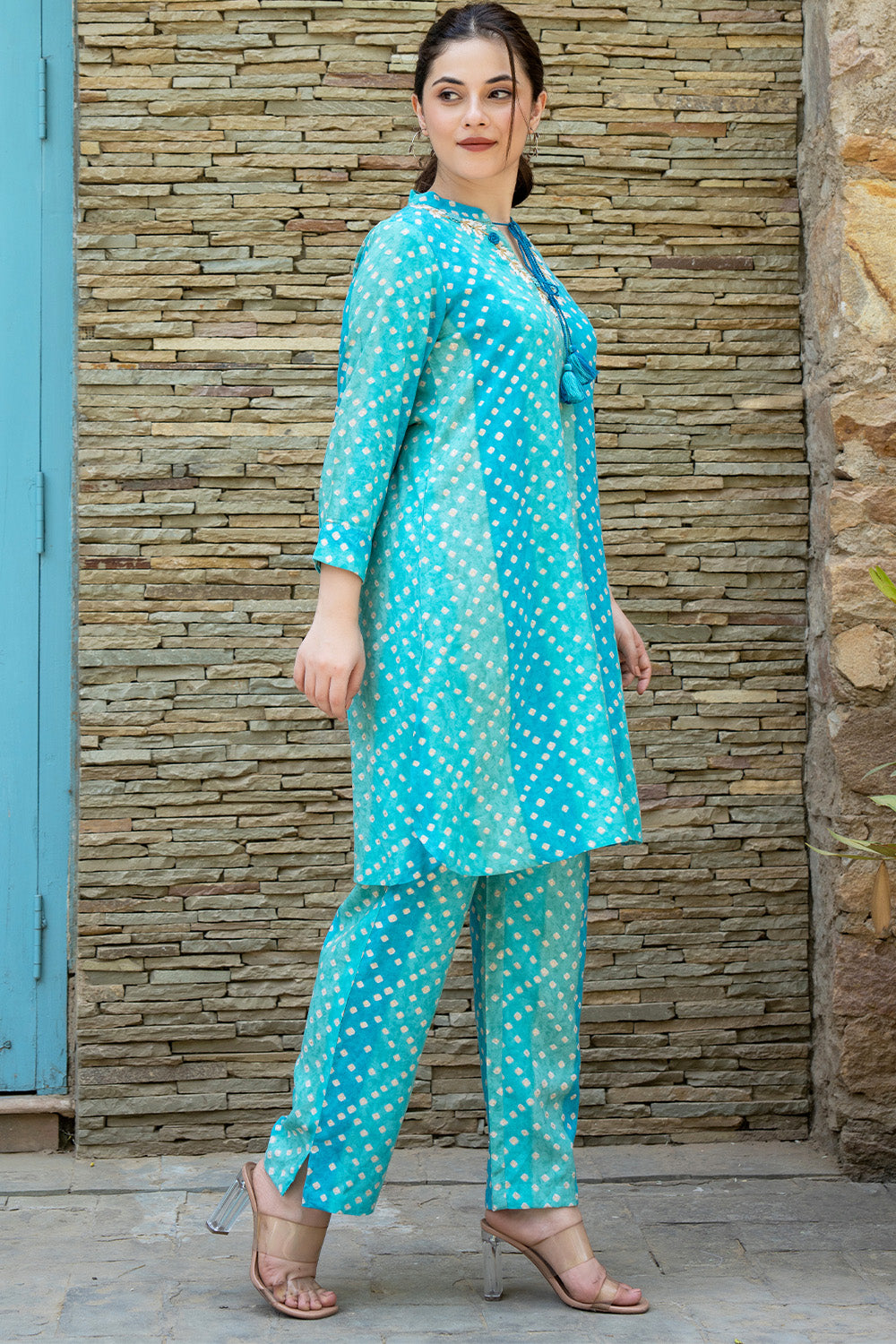 Turquoise  Color Printed Rayon Suit