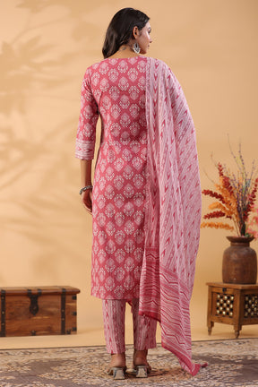 Onion Pink Color Printed Cotton Straight Suit