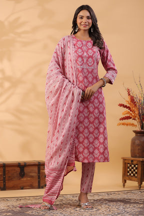 Onion Pink Color Printed Cotton Straight Suit