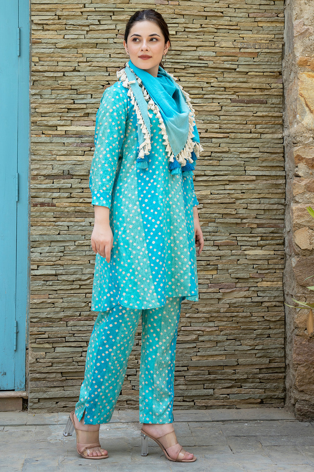 Turquoise  Color Printed Rayon Suit