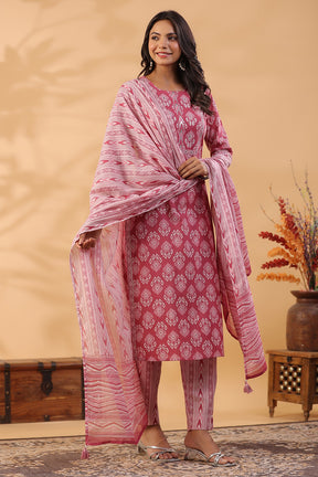 Onion Pink Color Printed Cotton Straight Suit