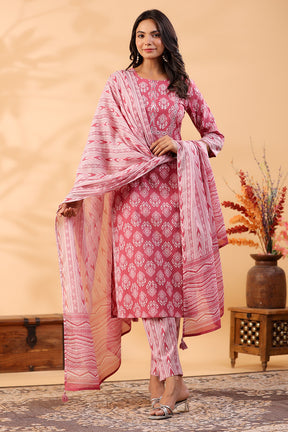 Onion Pink Color Printed Cotton Straight Suit