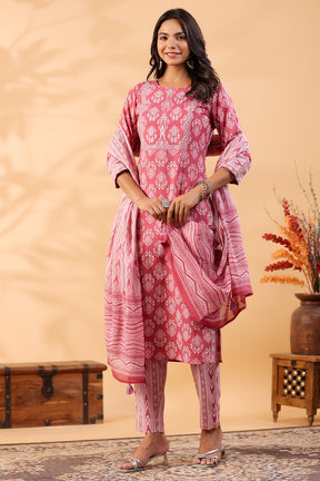 Onion Pink Color Printed Cotton Straight Suit