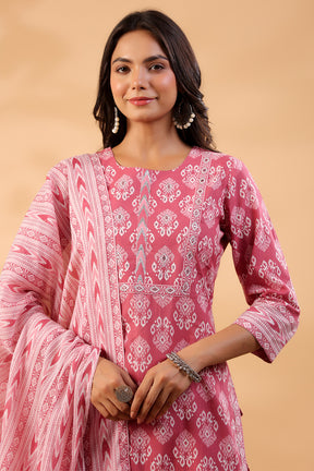 Onion Pink Color Printed Cotton Straight Suit