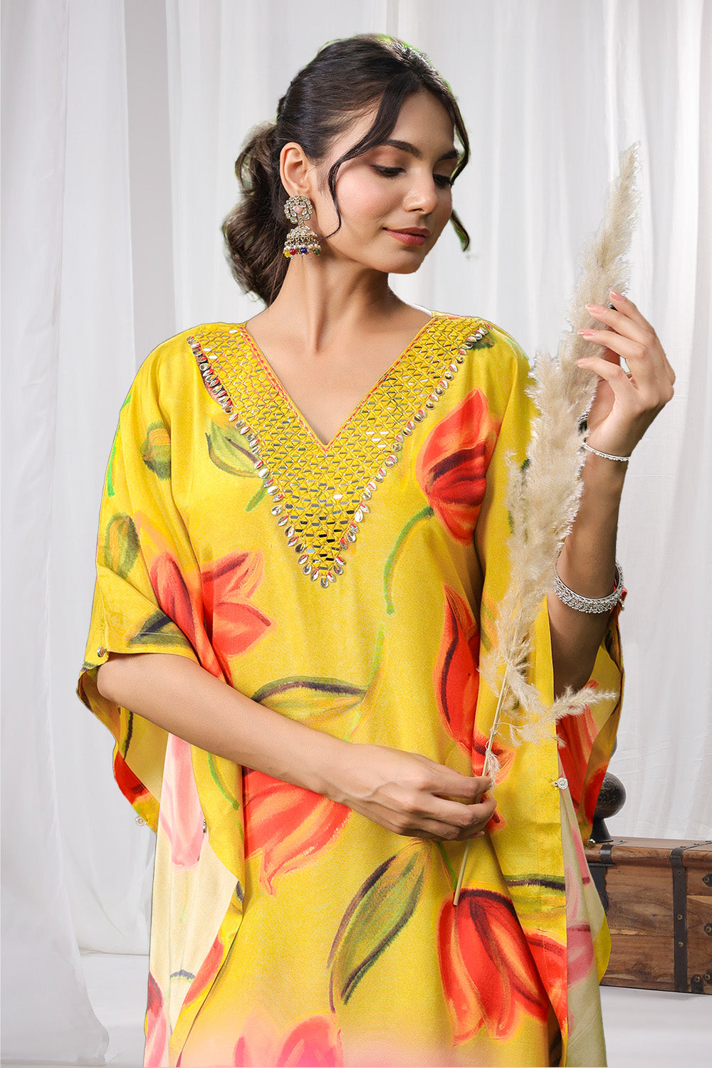 Mustard Color Muslin Printed Kaftan Set