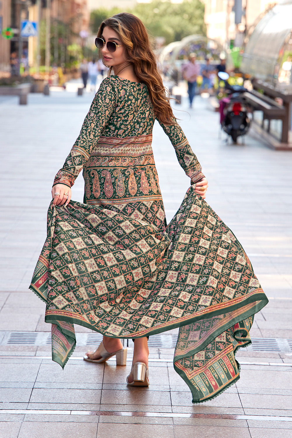 Green Color Printed Spun  Unstitched Suit Material