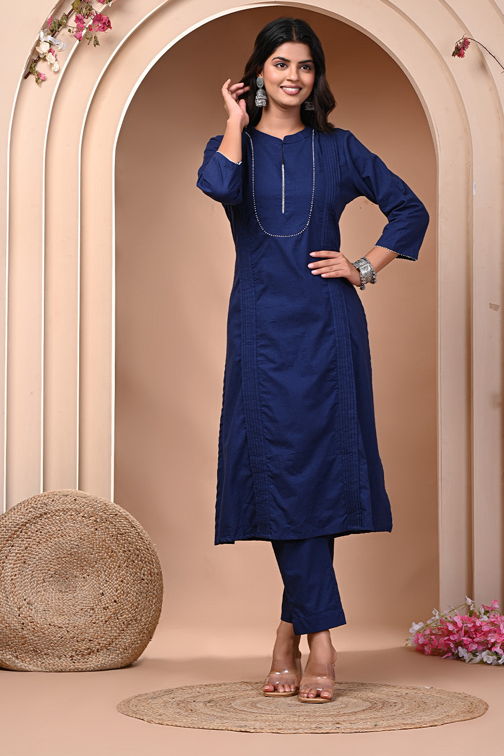 Navy Solid Color Cotton Kurta Set