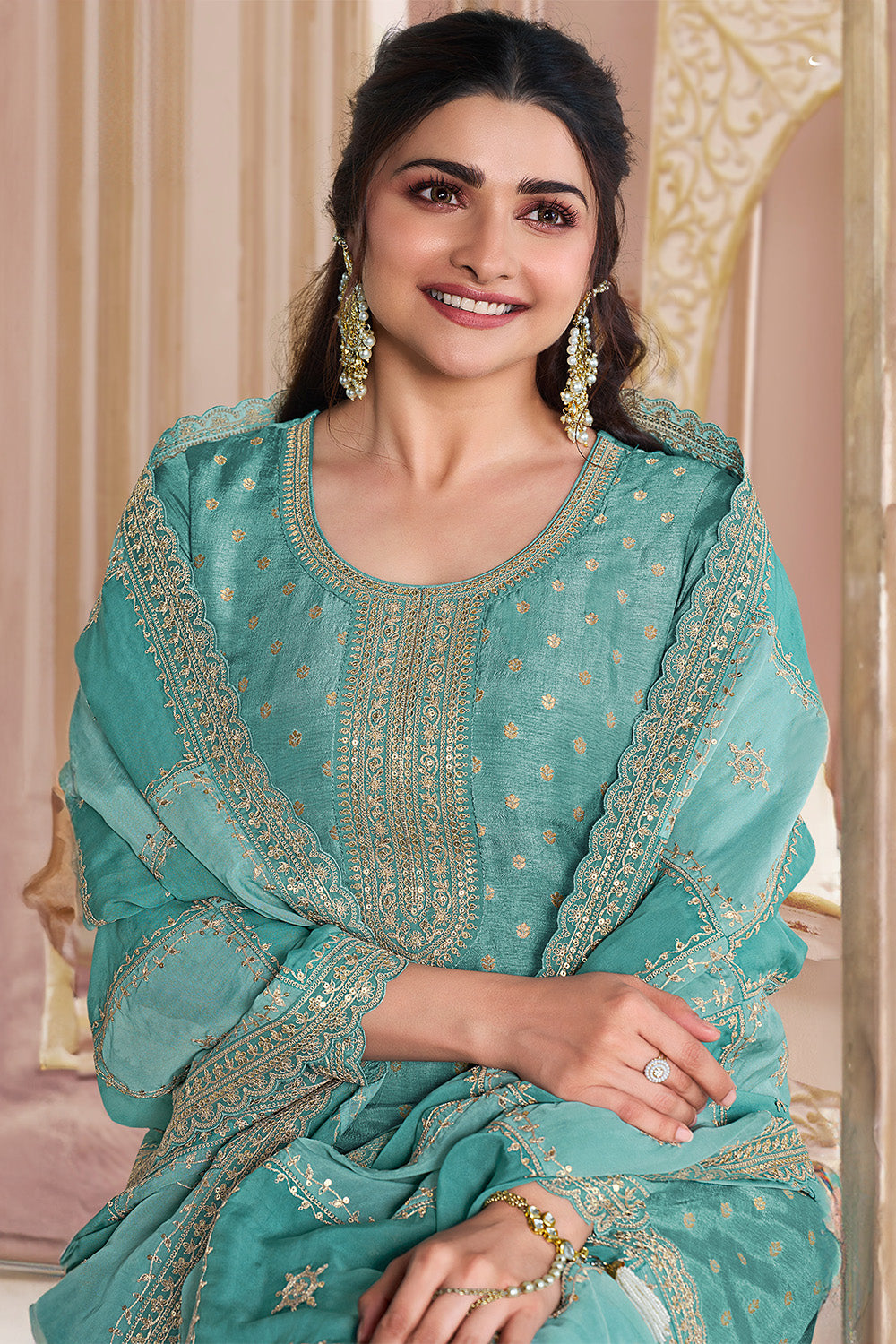 Turquoise Color Zari Embroidered Silk Unstitched Suit Fabric