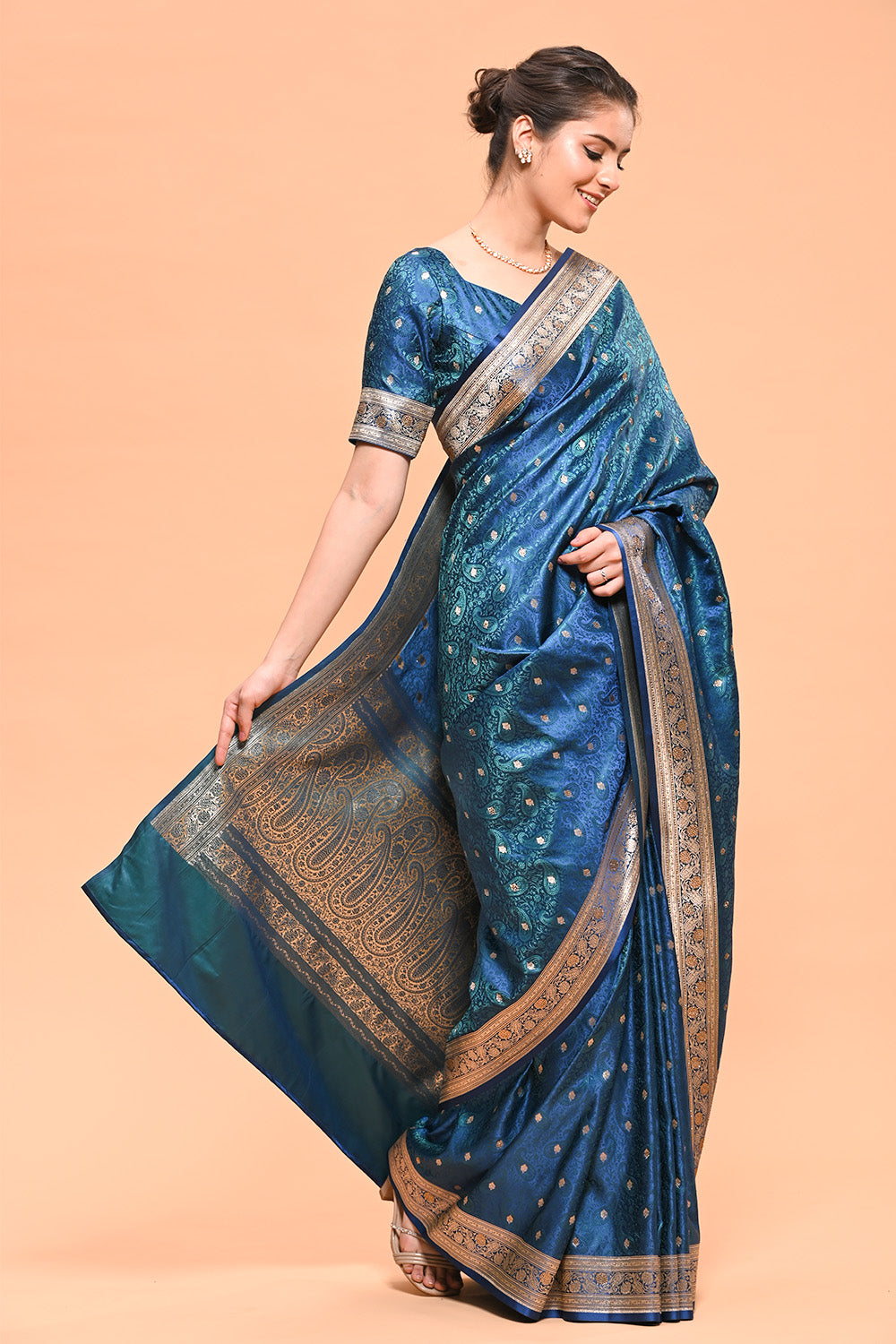 Navy & Green Color Banarasi Silk Woven Saree