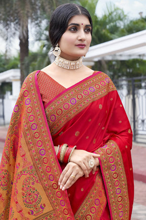 Red Color Pathani Work Silk Saree