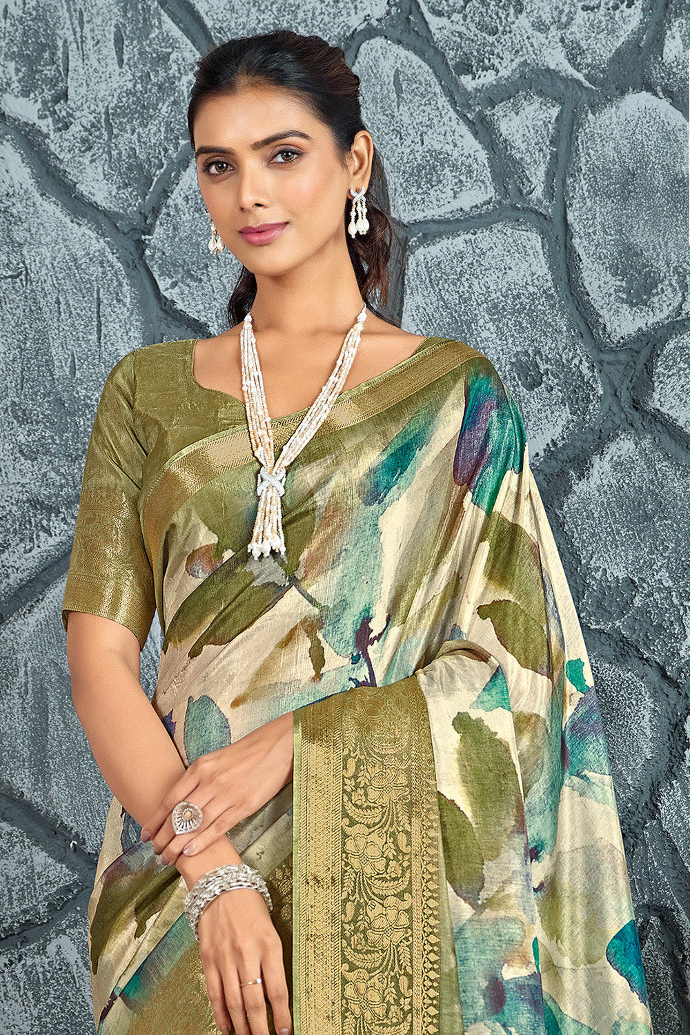 Sage Green  Color Printed & Woven Modal Silk Saree