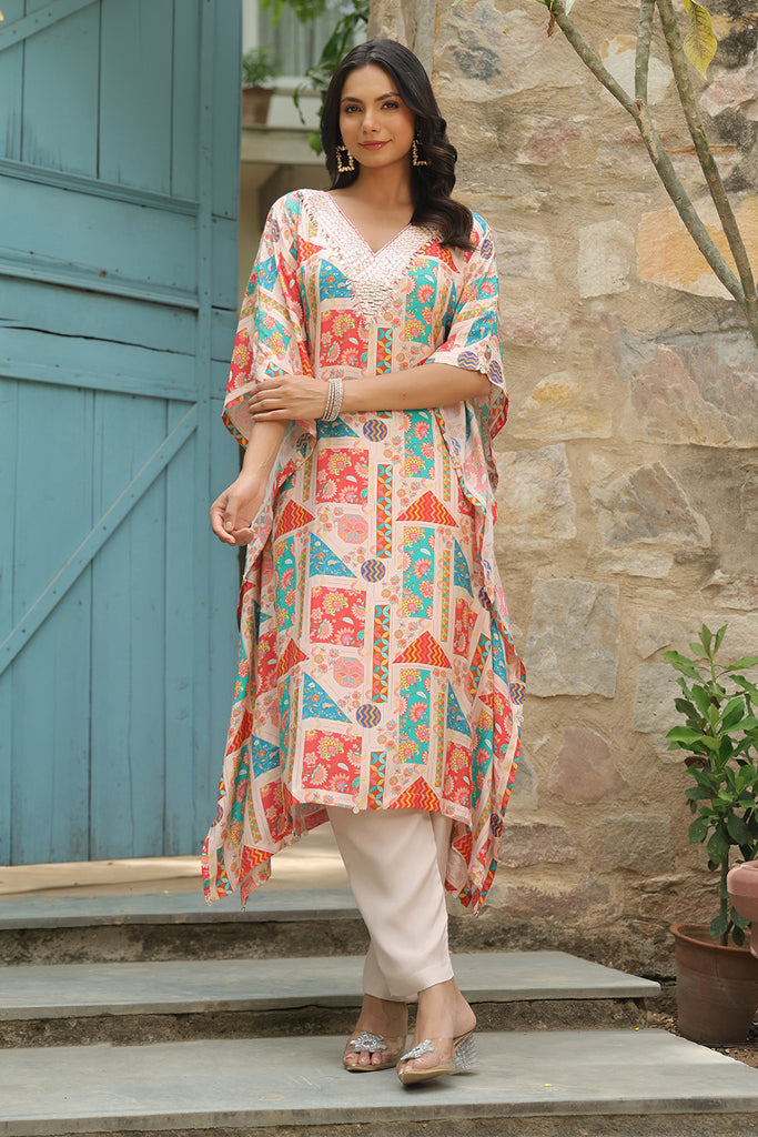 Beige Color Muslin Printed Kaftan Set