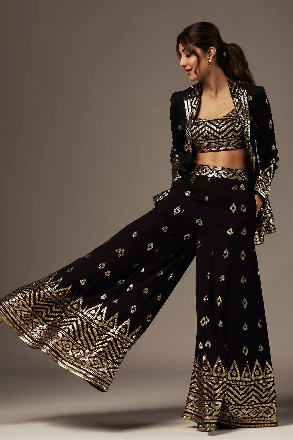 Black Color Georgette Embroidered Crop-Top palazzo Set With Shrug