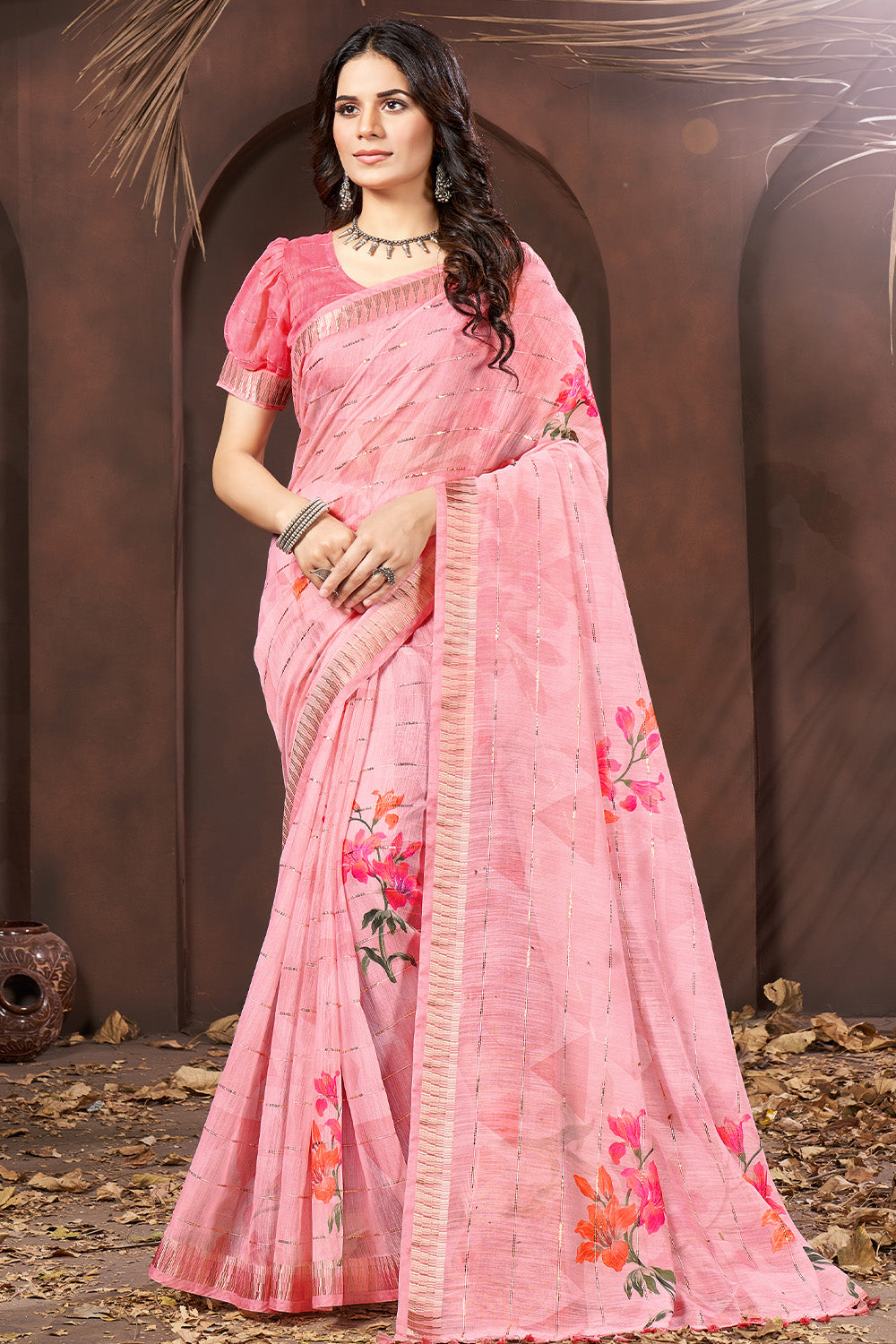 Pink Color Floral Printed Cotton Saree