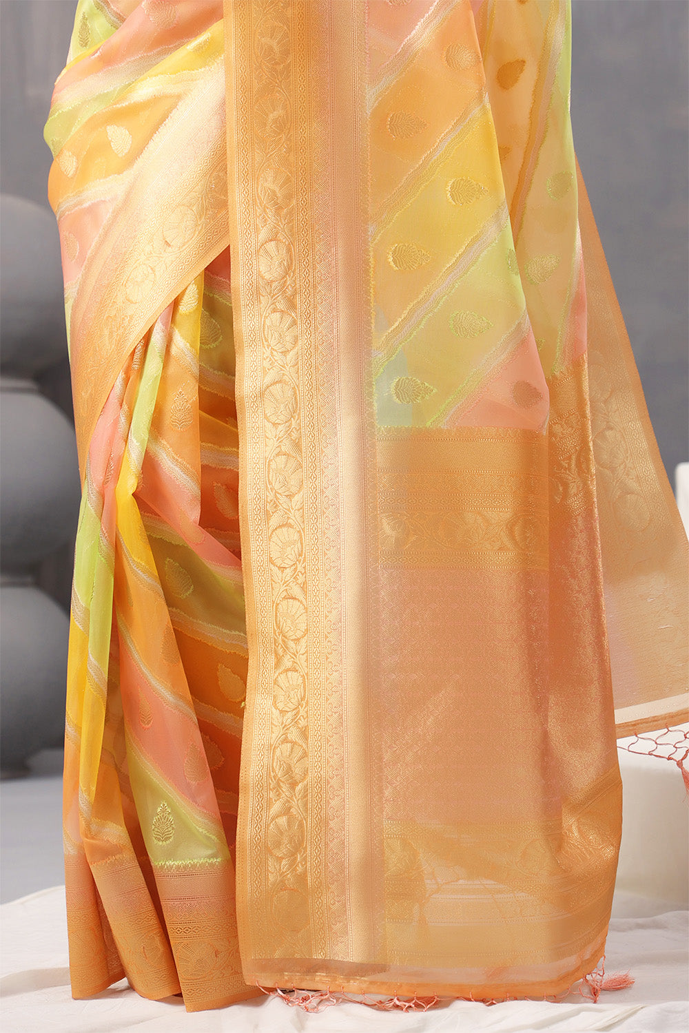 Orange Color Color Organza Golden Zari Woven Saree