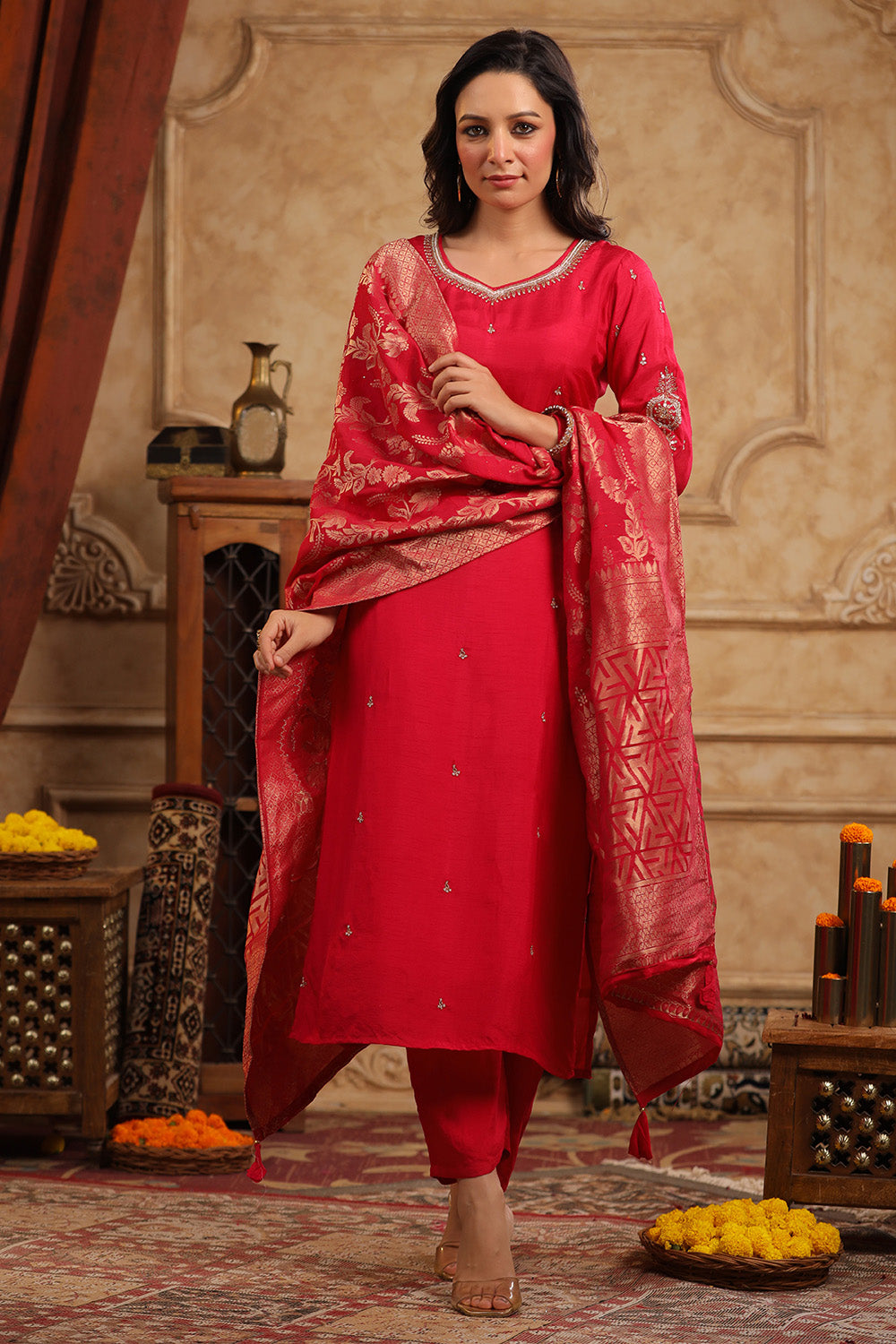 Red Color Silk Embroidered Straight Suit With Woven Dupatta