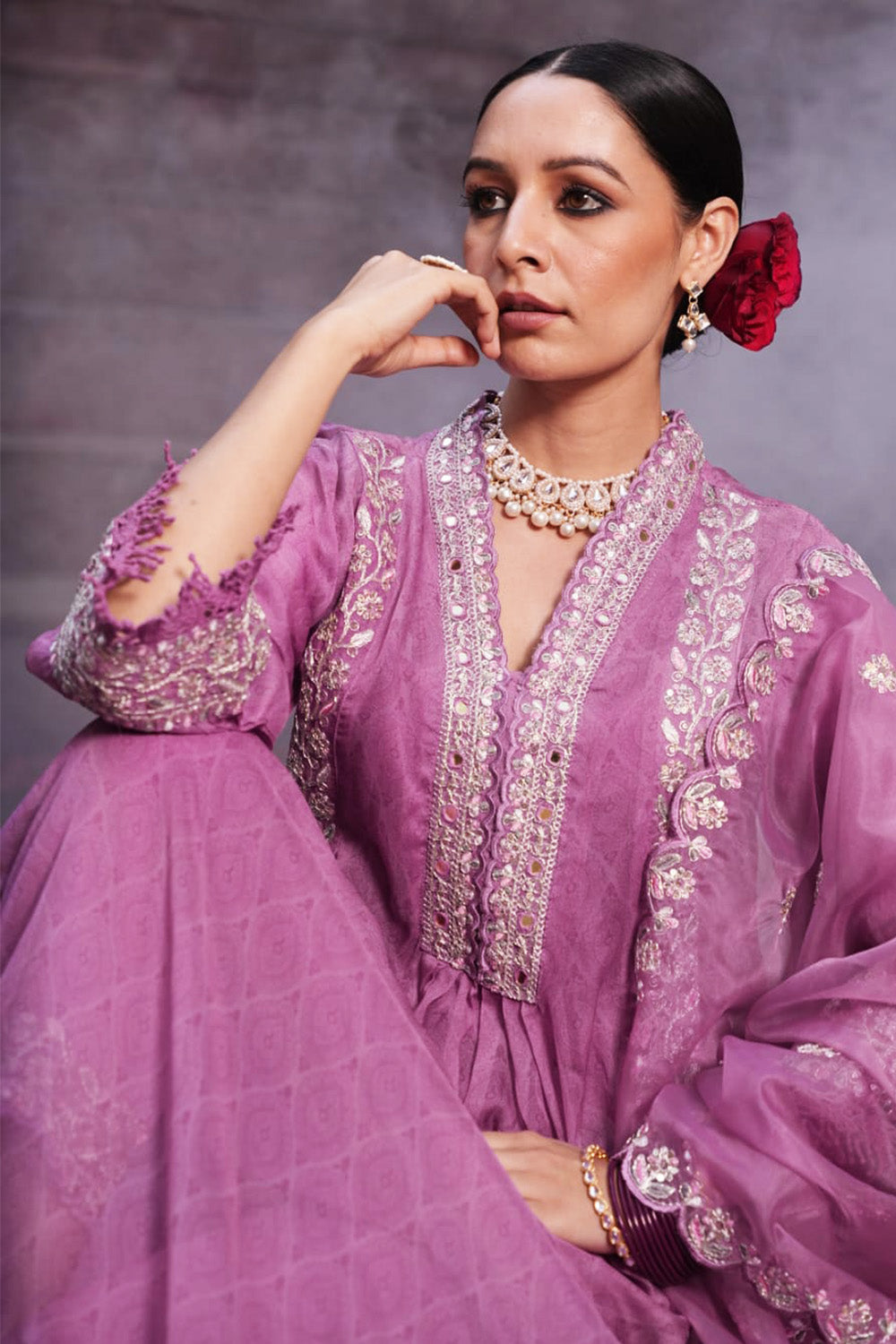 Mauve Color Chanderi Embroidered Anarkali Suit