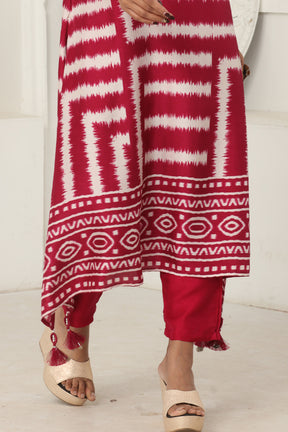 Vivid Burgundy Color Chanderi Soft Cotton Printed Long Kurta Set