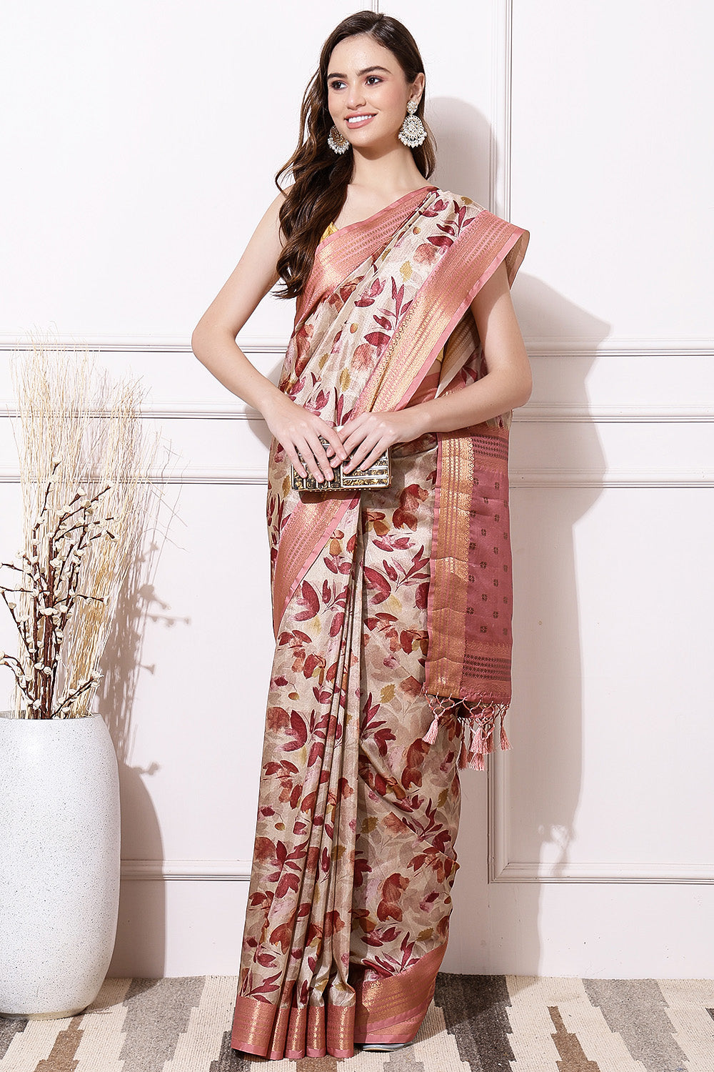 Beige Color Cotton Silk Floral Printed Saree