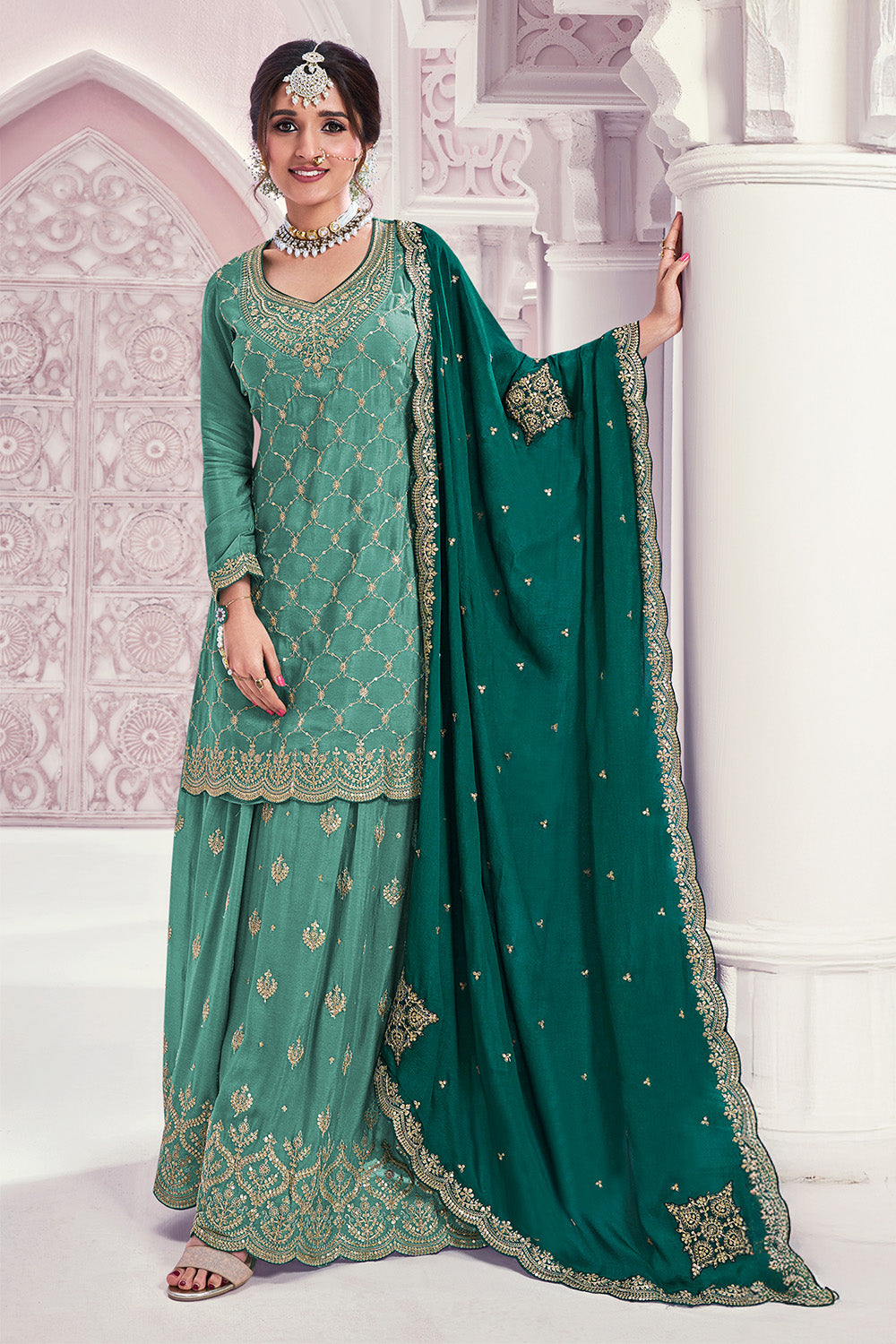 Sea Green Color Chinon Crepe Embroidered Unstitched Suit Fabric With Stitched Sharara