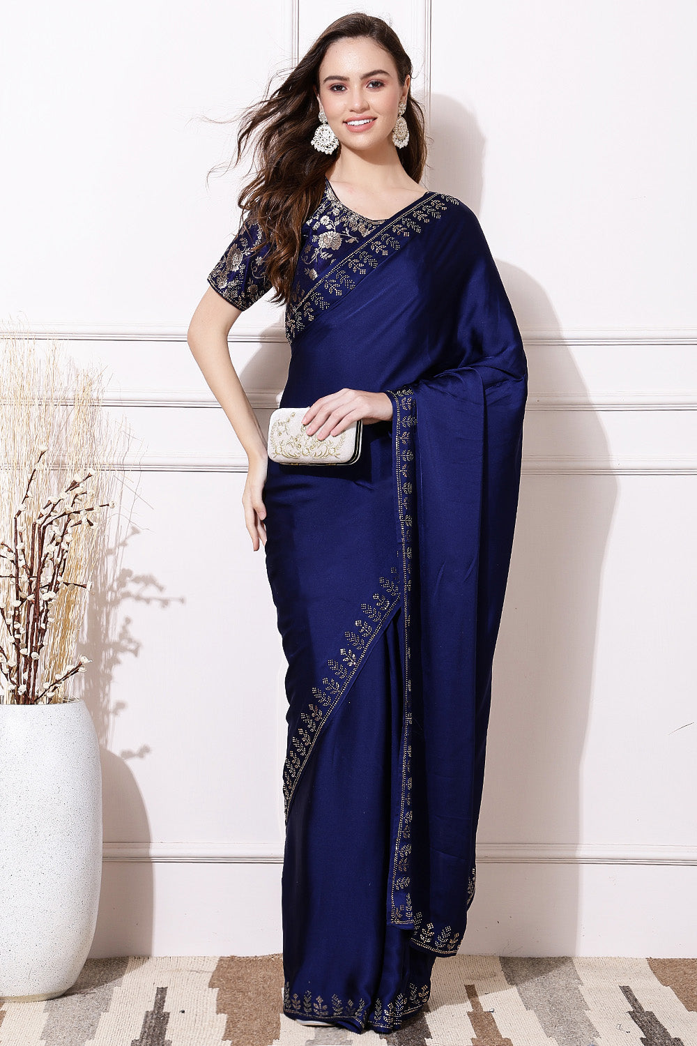 Navy Blue Color Satin Worked Satin Saree with Readymade Woven Blouse