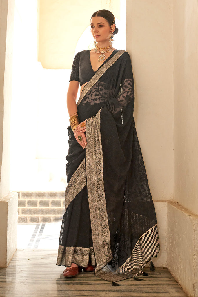 Black Color Resham Embroidered Georgette Saree