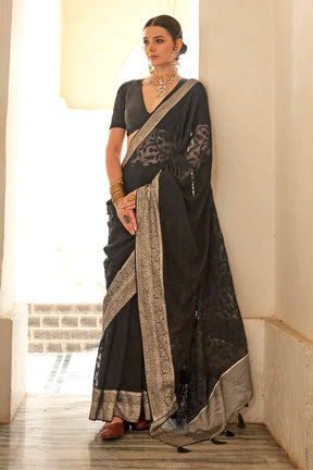 Black Color Resham Embroidered Georgette Saree