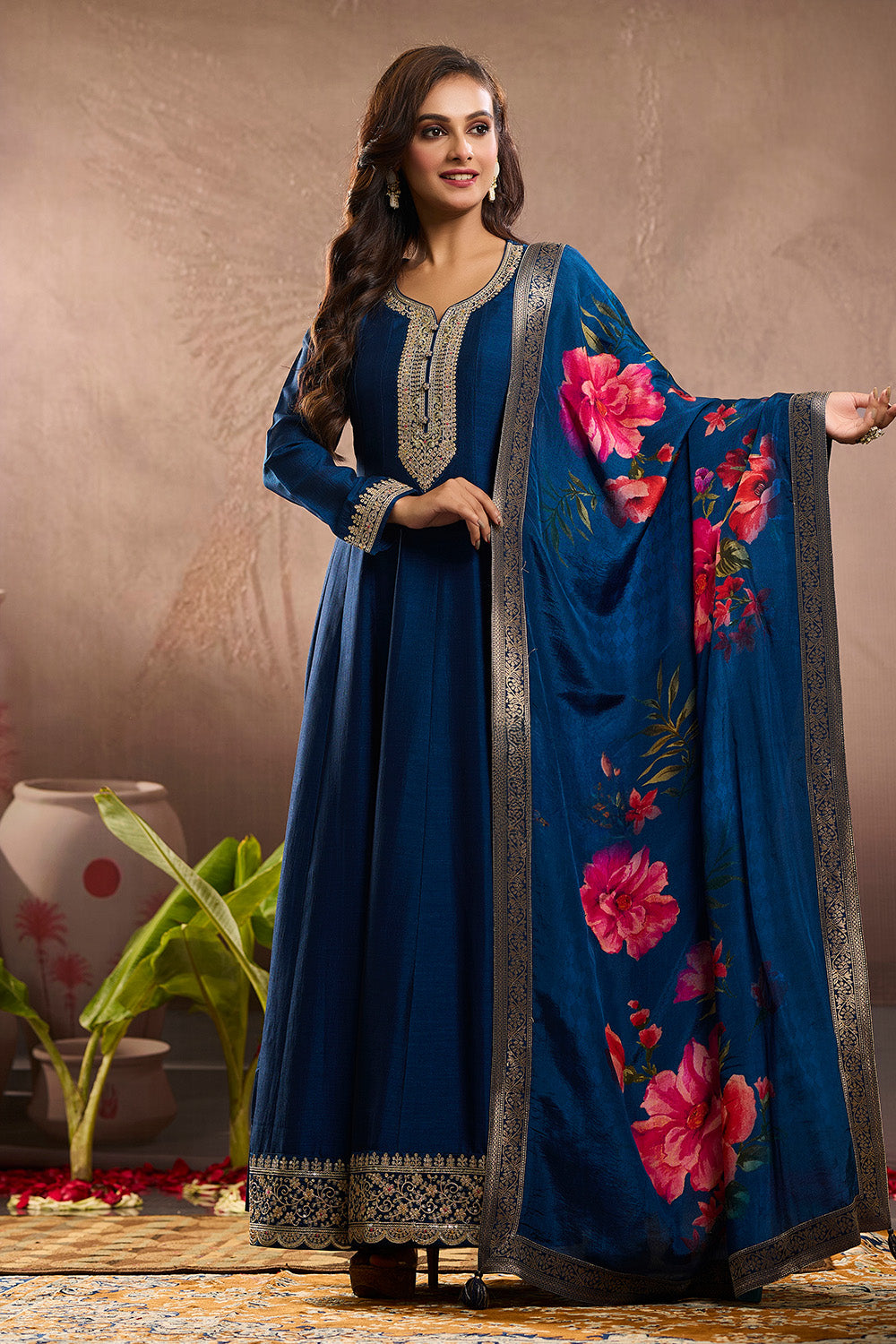 Blue Color Silk Embroidered Anarkali Kurti With Dupatta