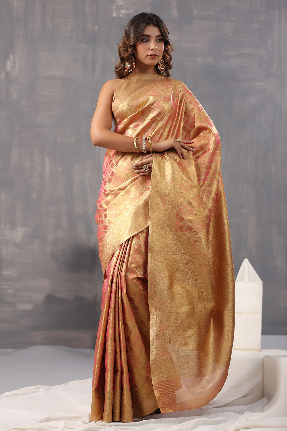 Golden & Coral Color Silk Woven Saree