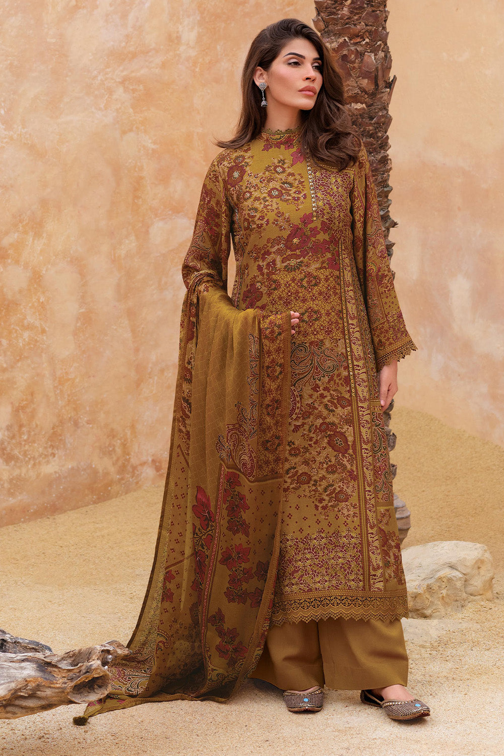 Clay Brown Color Floral Printed Spun Unstitched Suit Material