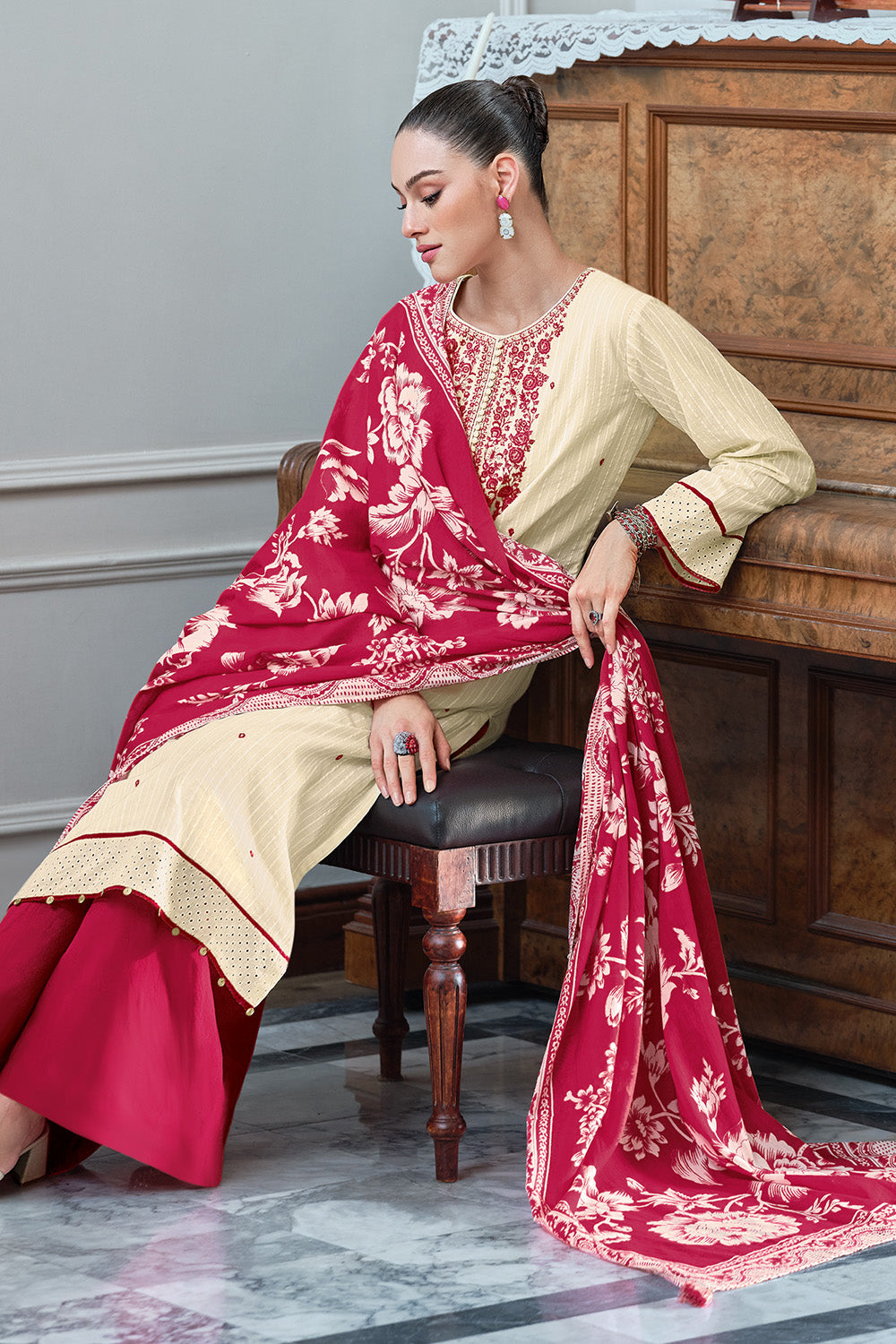 Red & Cream Color Embroidered Unstitched Suit Material