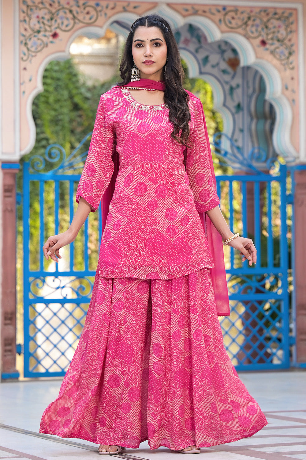 Fuchsia Pink Crepe Bandhani Printed Suit With Palazzo