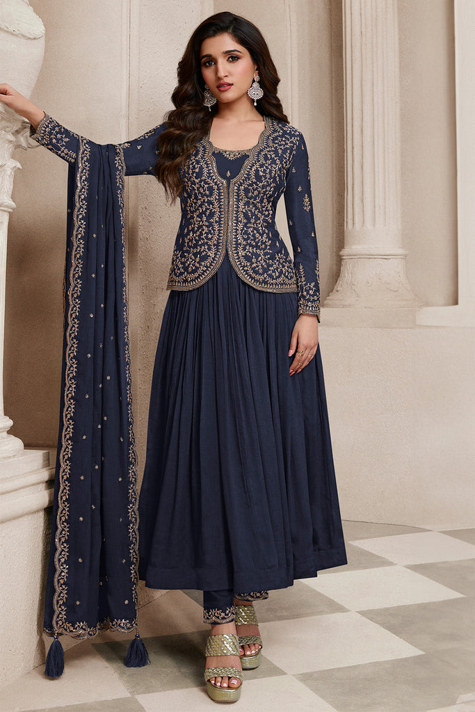 Navy Blue Color Alia Cut Deigned Embroidered Georgette Anarkali Suit W