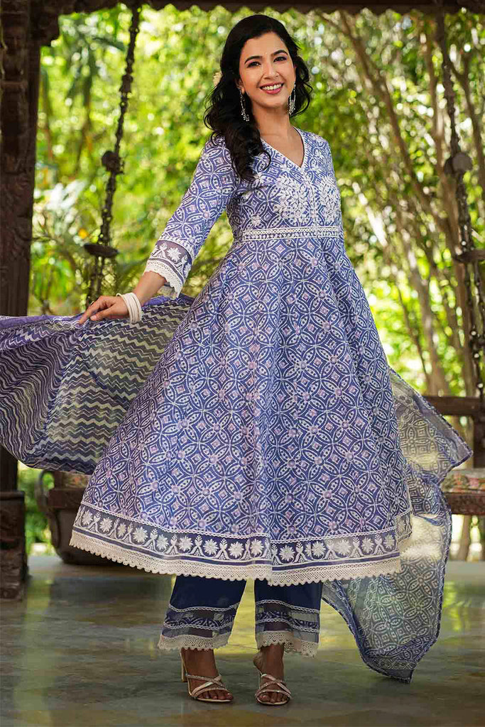 Blue Color Cotton Printed And Neck Embroidered Anarkali Suit