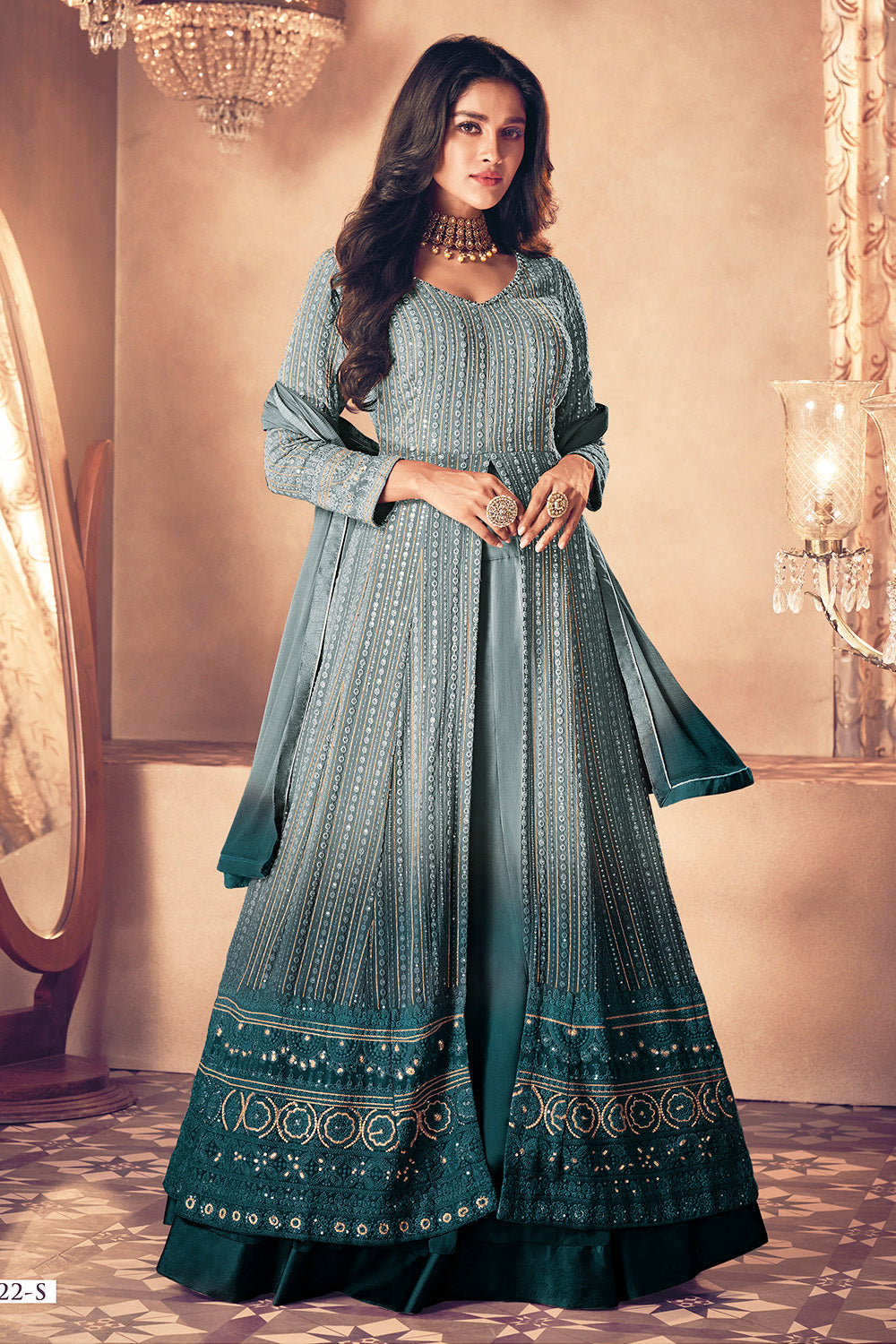 Grey Color Embroidered Georgette Suit With Skirt