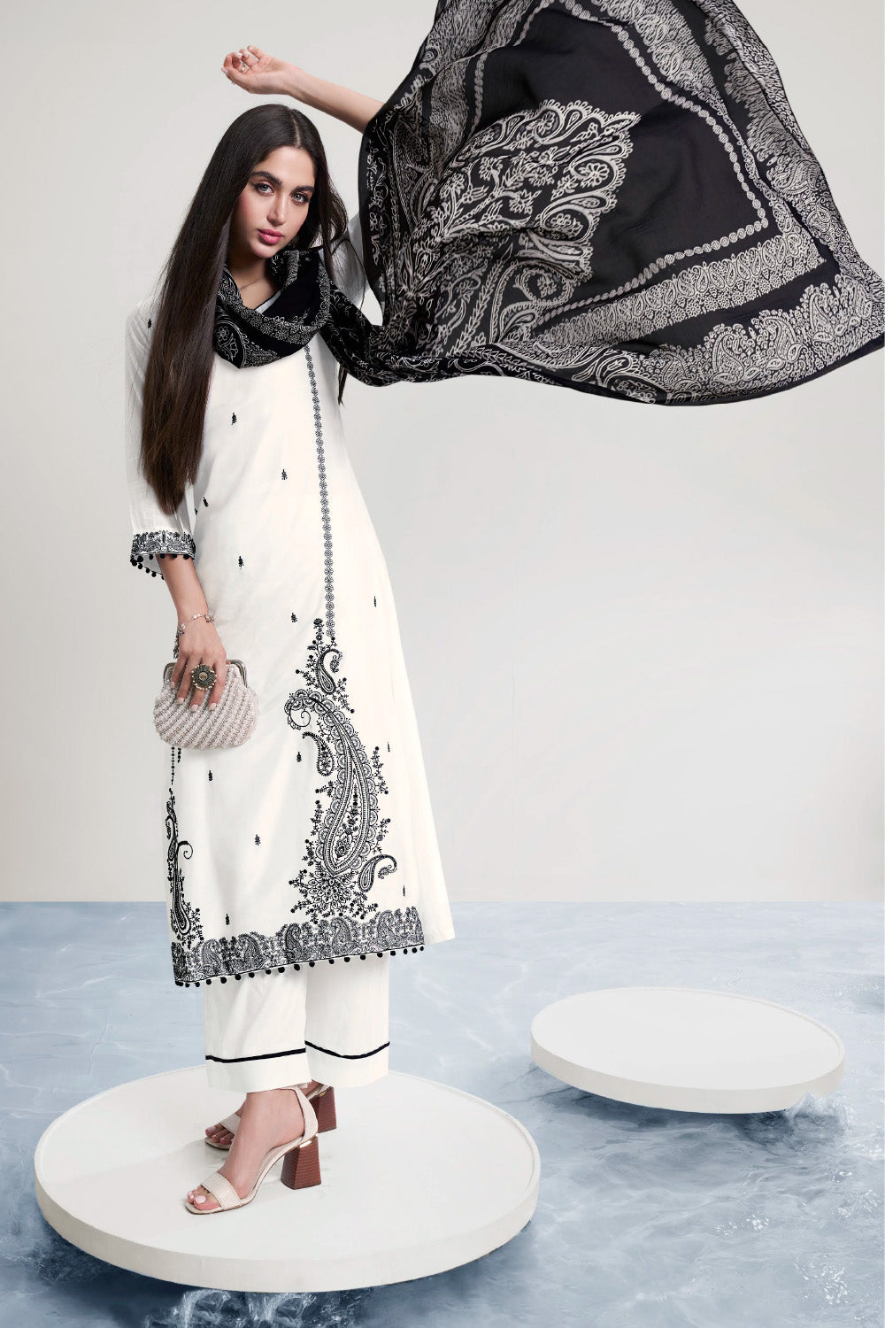 White Color Resham Embroidered Crepe Unstitched Suit Material