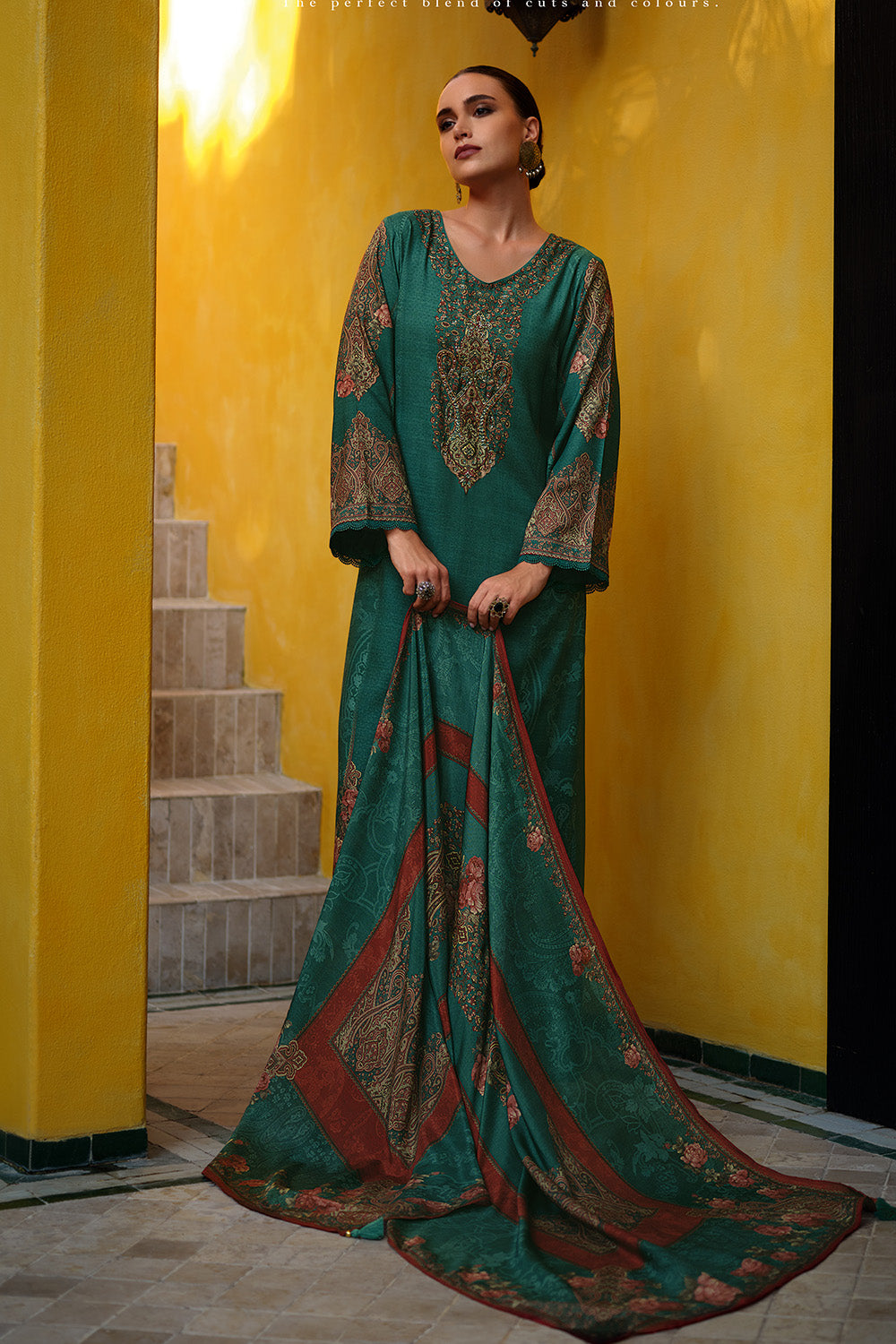 Teal Color Spun Printed & Embroidered Unstitched Suit