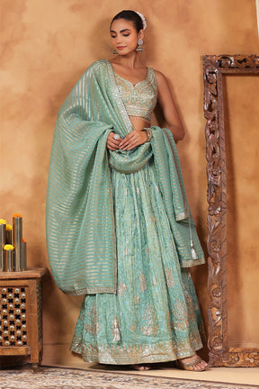 Turquoise Color Tissue Silk Embroidered Lehenga