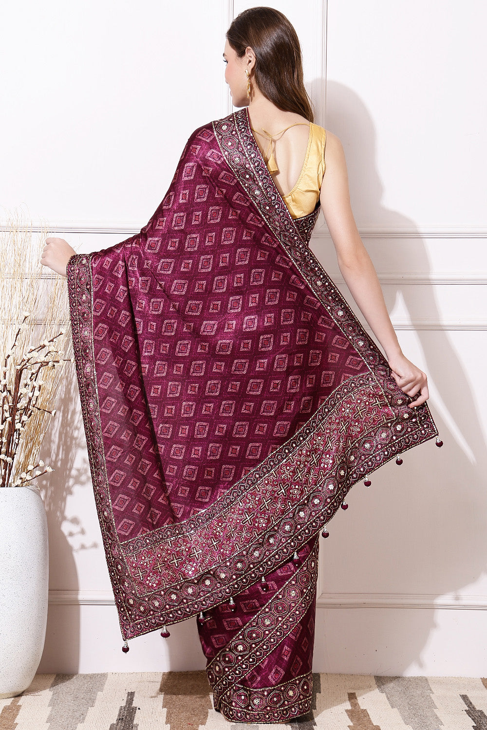 Dark Scarlet Color Aari Work Gajji Silk Saree