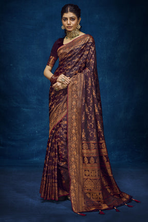 Dark Scarlet Color Woven Silk Banarasi Saree