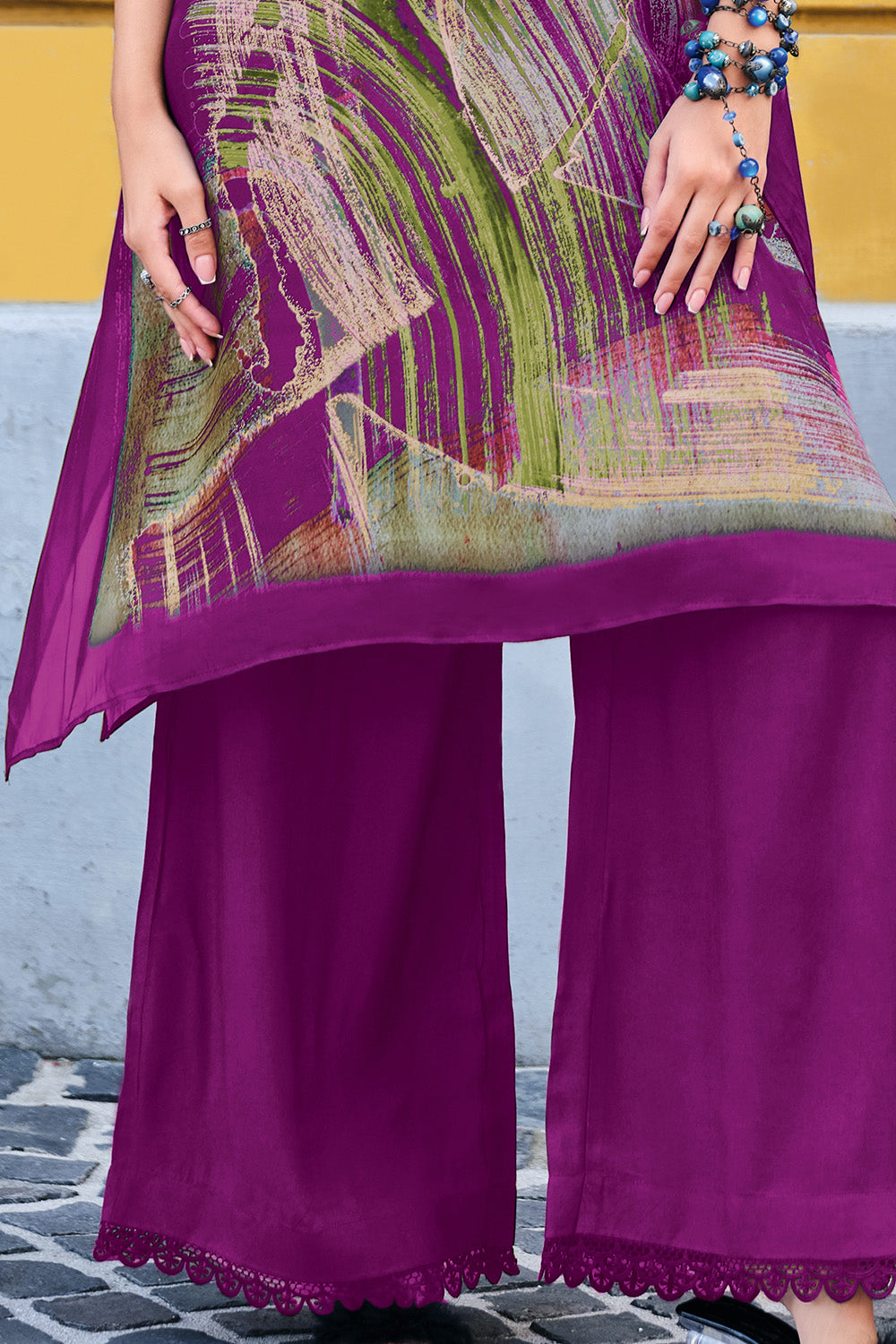 Purple Color Muslin Printed Kaftan With Palazzo