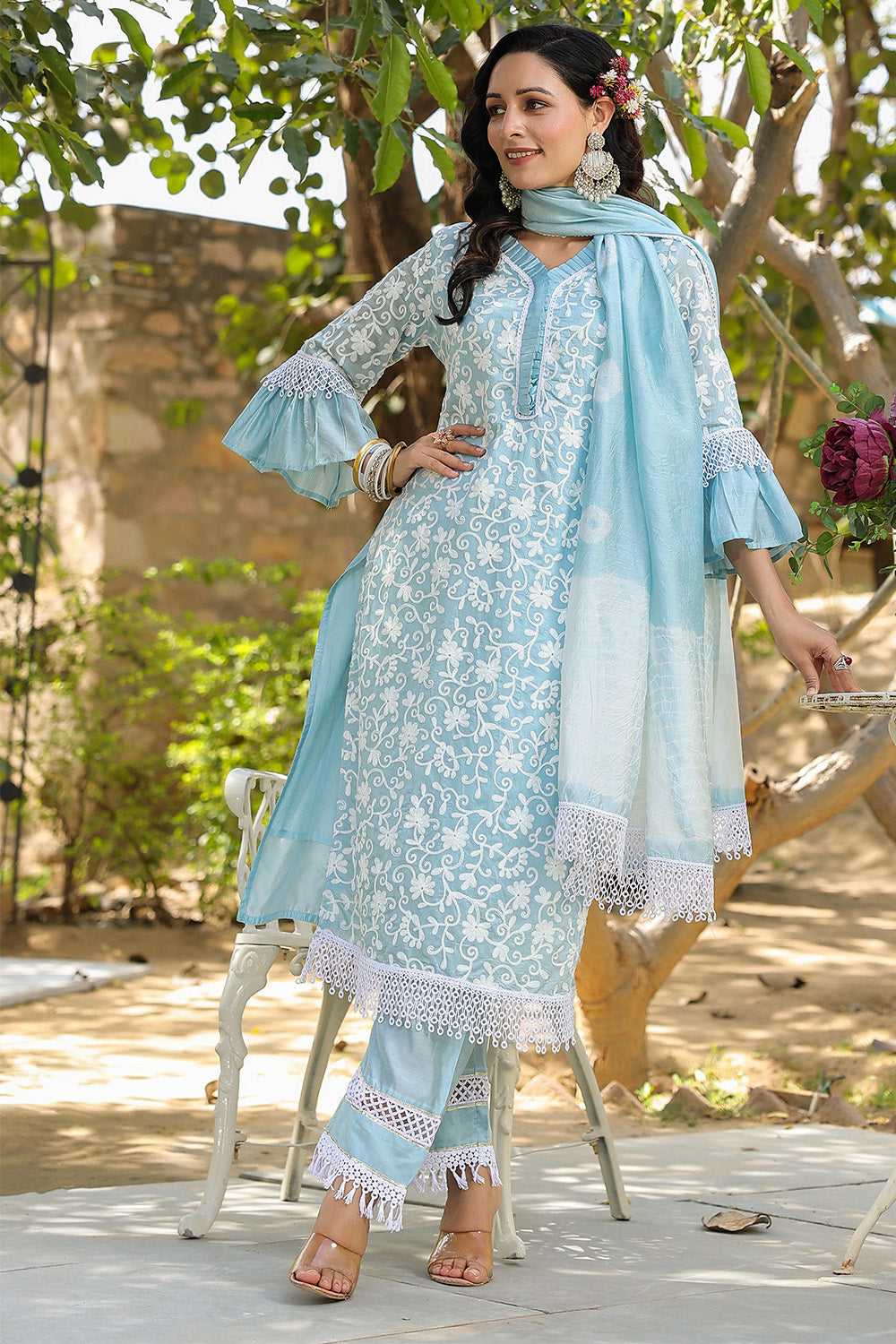 Powder Blue Color Chanderi Silk Resham Embroidered Suit