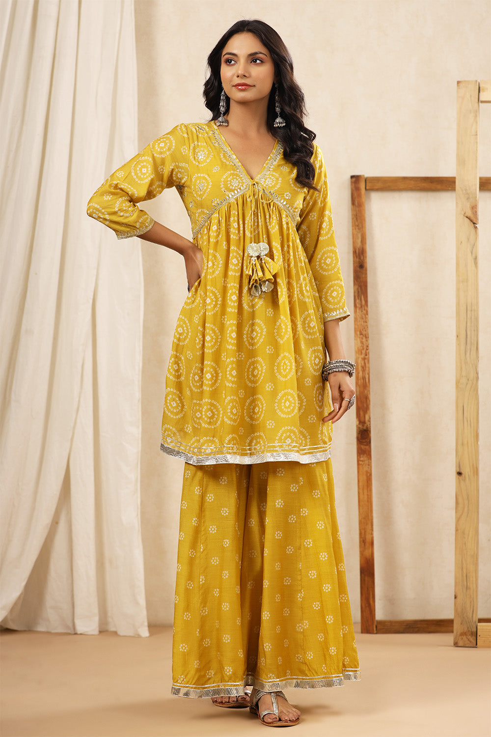 Mustard Color Crepe Silk Bhandhani Printed Alia-Cut Suit With Gharara