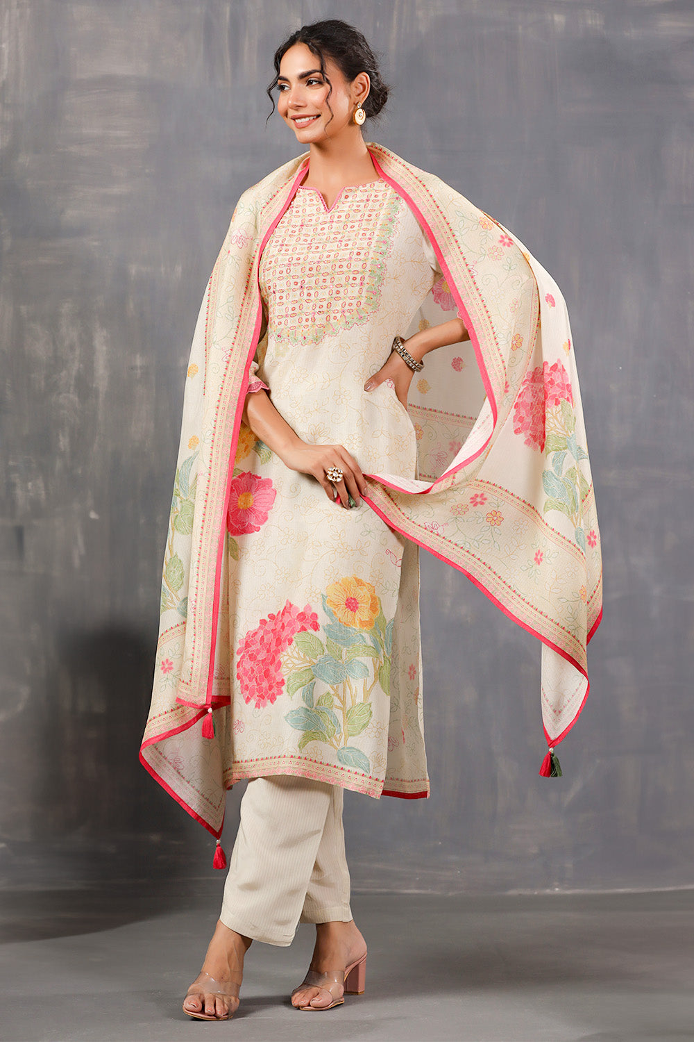 Cream Color Floral Printed Crepe Suit