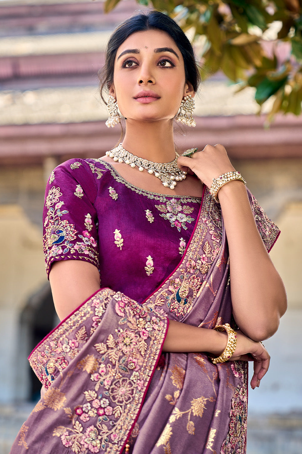 Mauve Color Organza Tissue Fabric Woven & Embroidered Saree