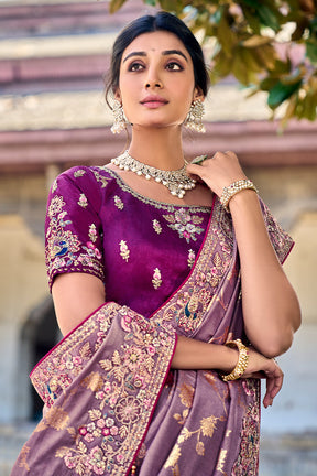 Mauve Color Organza Tissue Fabric Woven & Embroidered Saree